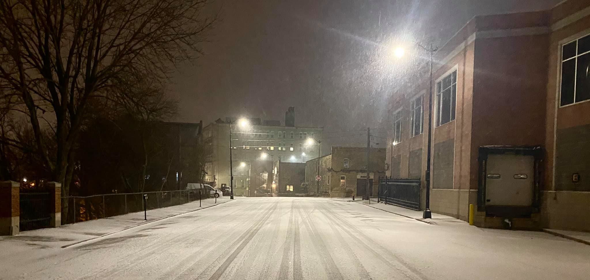 Wisconsin Avenue soon after snow started to fall on the evening of Tuesday, Dec. 29